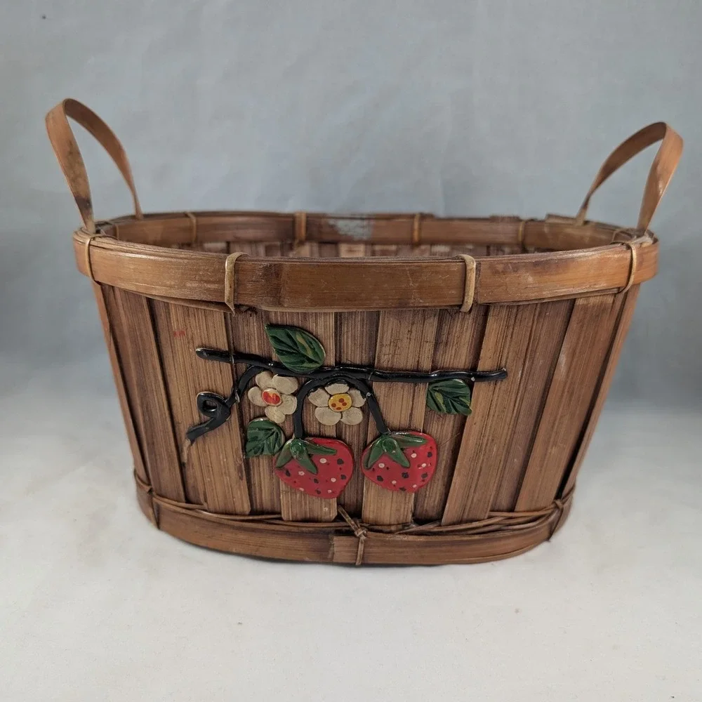 Vintage Woven Bamboo Strawberry Basket Oval Slatted Wood Storage with Handles